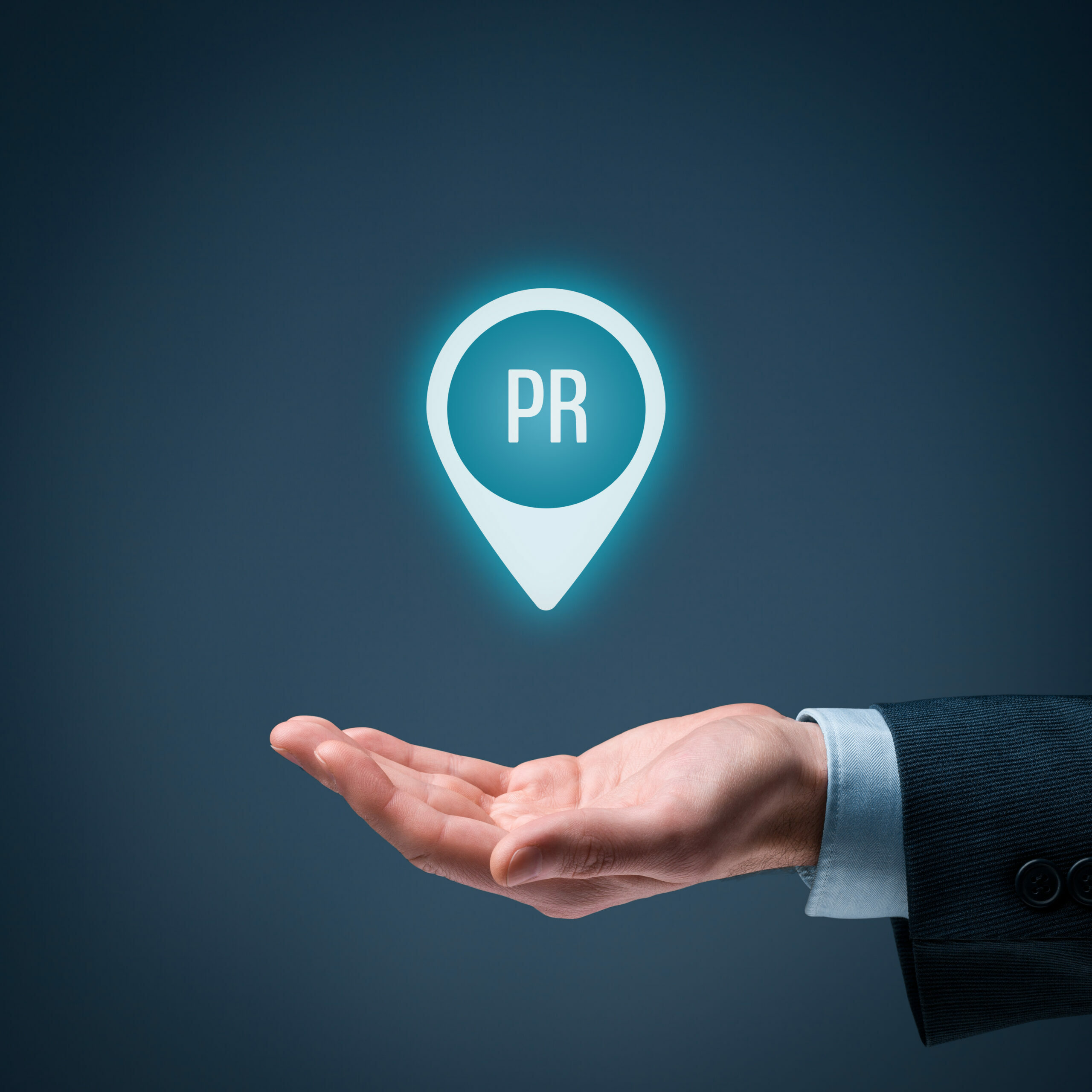 Public relations (PR) concept. Businessman offer PR agency services. Square composition.