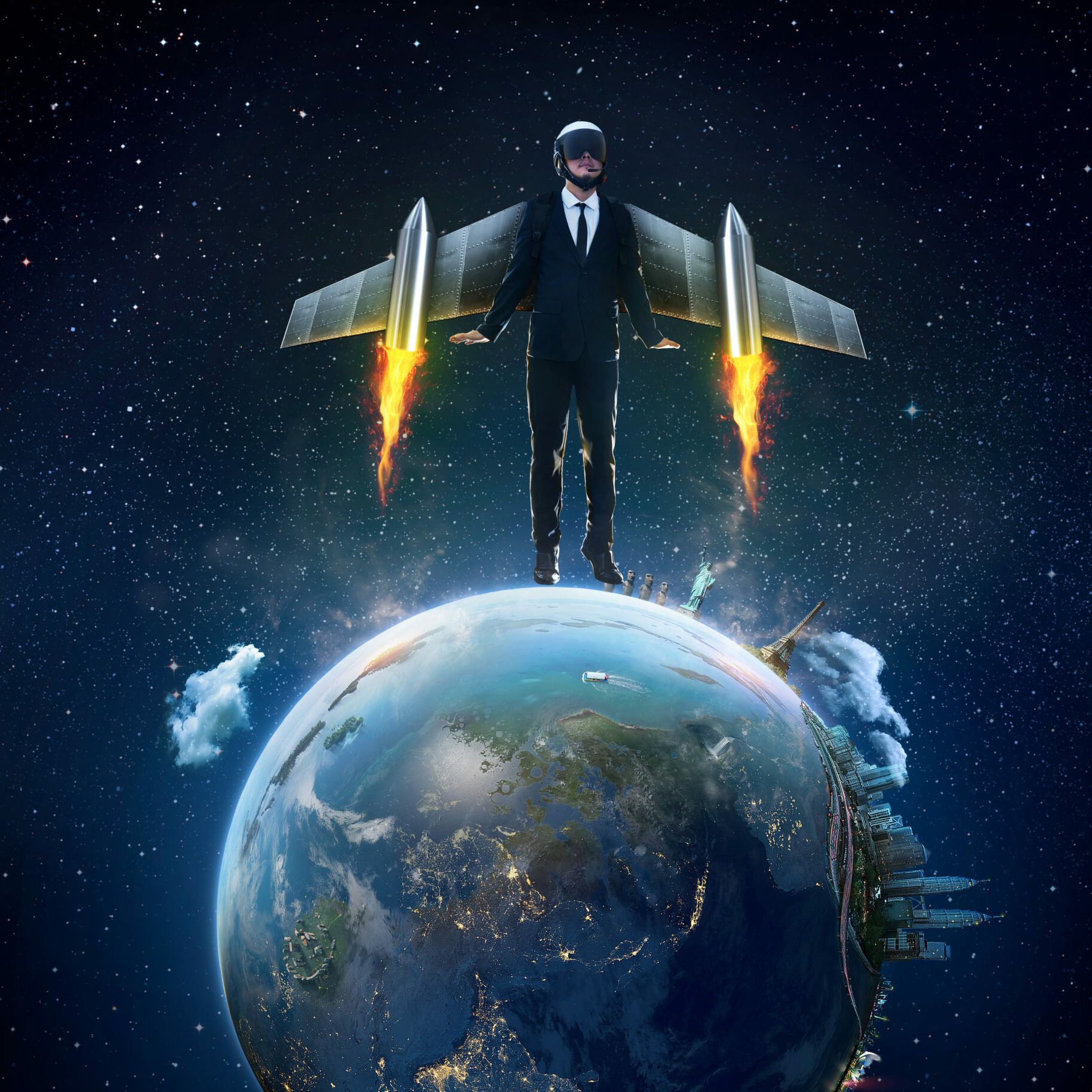 Businessman wear a rocket suit to lift from Earth planet , Business start up and travel concept .Extremely detailed image including elements furnished by NASA.